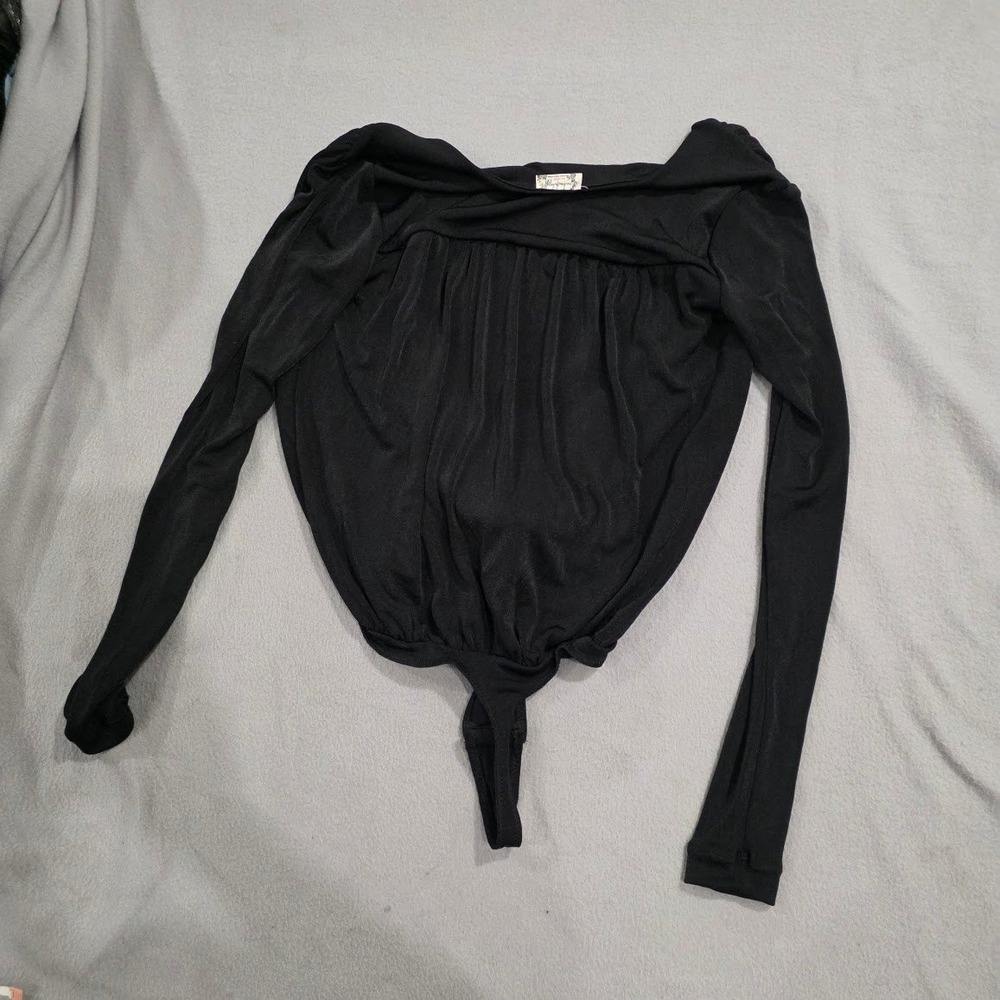Free People Intimately Bodysuit Black Long Sleeve Wrap Deep V Neck Thong XS - Picture 7 of 8